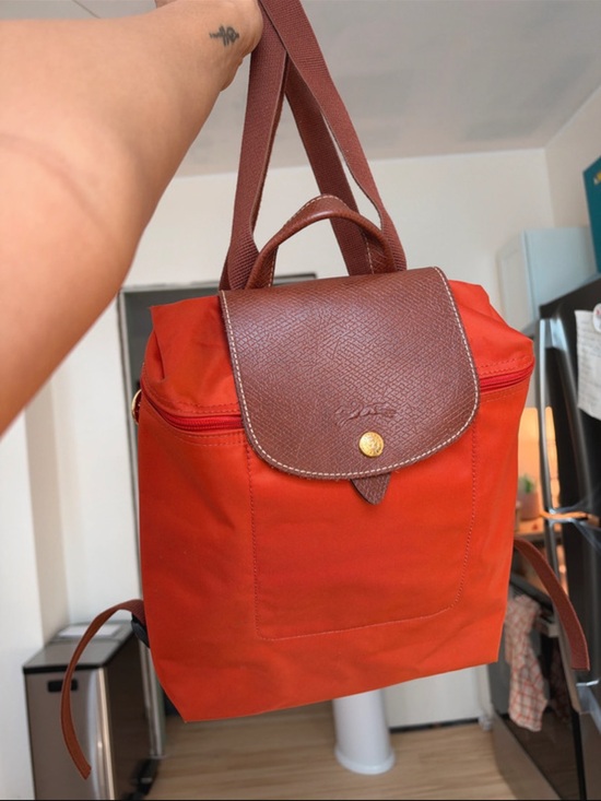 Longchamp Handbags - Longchamp Orange Canvas Backpack with Brown Flap